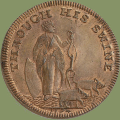Coin depicting King Bladud and his pigs
